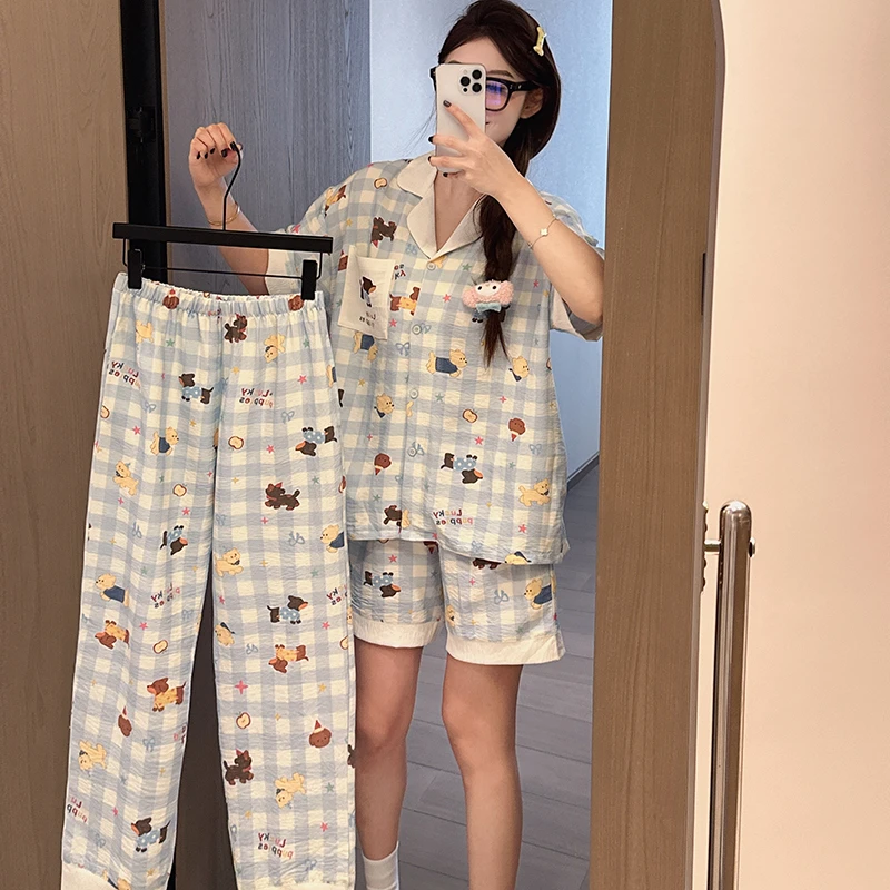 夏季新款可爱小狗印花短袖三件套睡衣云朵绵柔透气减龄女套装1967
