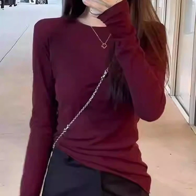 哥弟阿玛施正品红色圆领长袖t恤女爆款早秋大码胖mm宽松显瘦休闲