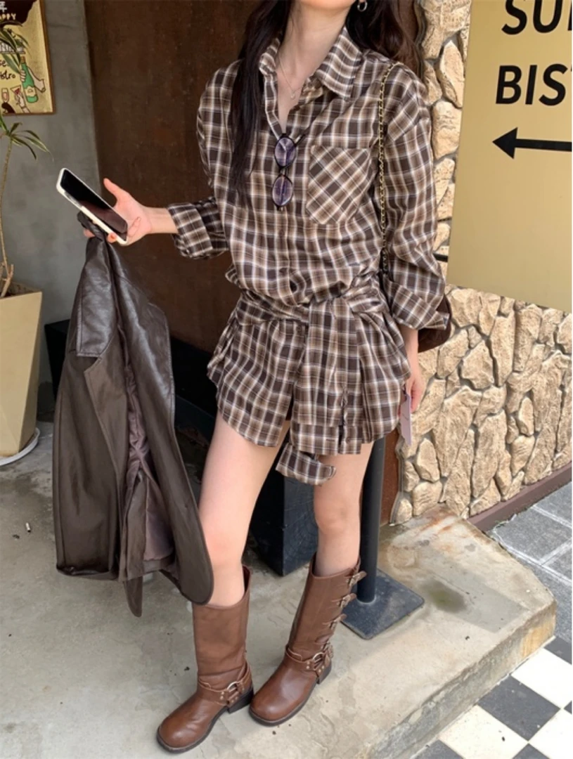5306号9055#韩系单口袋休闲显瘦设计感飘带绑腰长袖格子衬衣E4-42