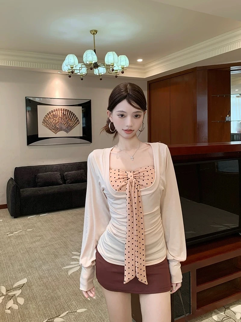 昭和千奈秋季两件套长袖打底衫上衣抹胸带胸垫套装显瘦气质