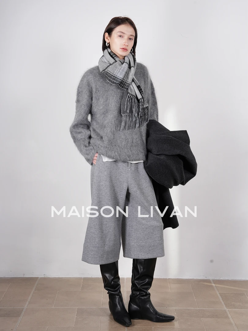 MaisonLivan复古针织七分阔腿裤女秋冬高腰老钱风直筒裤