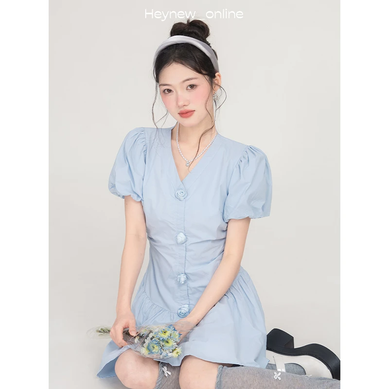 【收腰V领】蓝色甜美立体花朵连衣裙夏季收腰V领显瘦连衣裙-5C1105