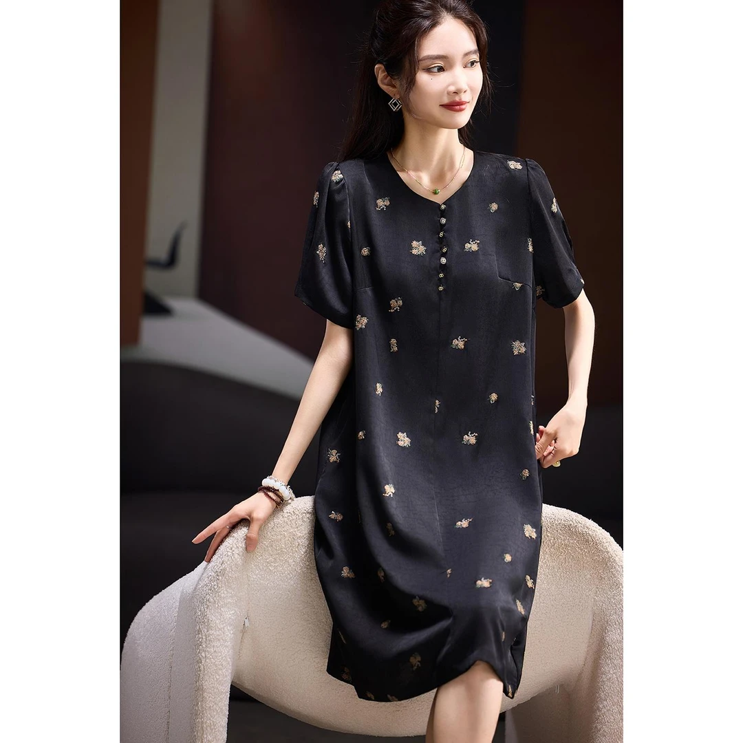 DUCURNO时尚刺绣黑色连衣裙女2025夏季新款休闲薄款气质中长裙子