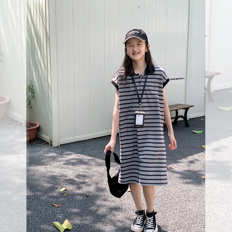 西西家女童2025夏季新款条纹翻领polo连衣裙儿童无袖裙JX462