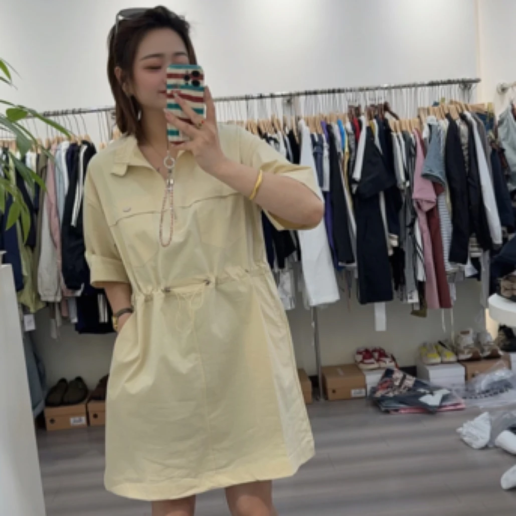 魏佳推荐-设计感抽绳收腰工装连衣裙女夏季新款韩版A字裙6387