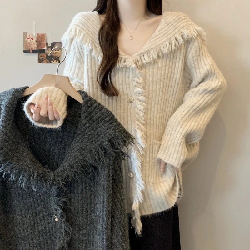 2025秋冬长袖开衫连帽上衣设计感毛衣秋季宽松慵懒风外穿洋气针织