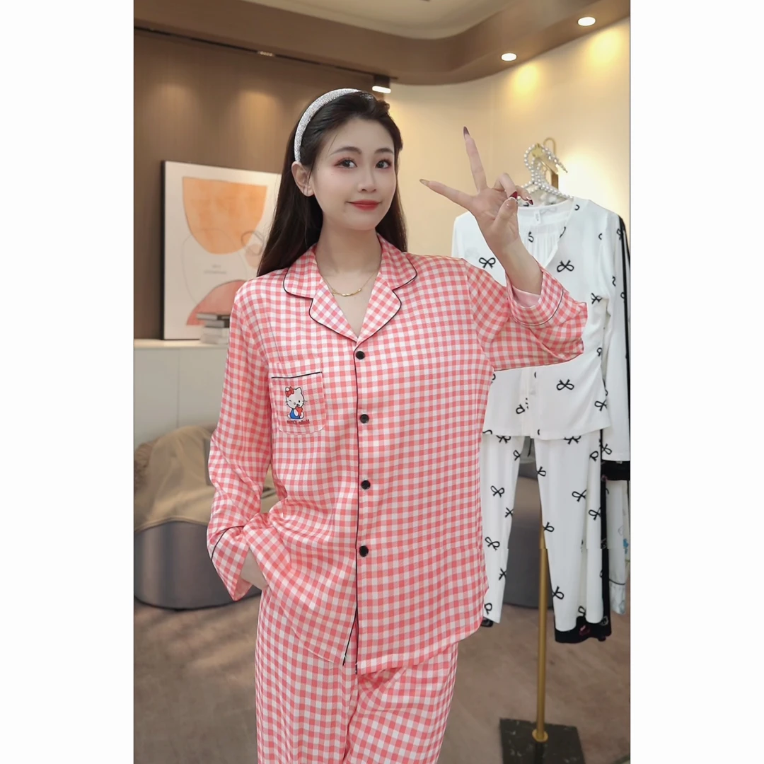 【秀秀家】春季上新《红色格子KT》高定长袖长裤睡衣家居服套装