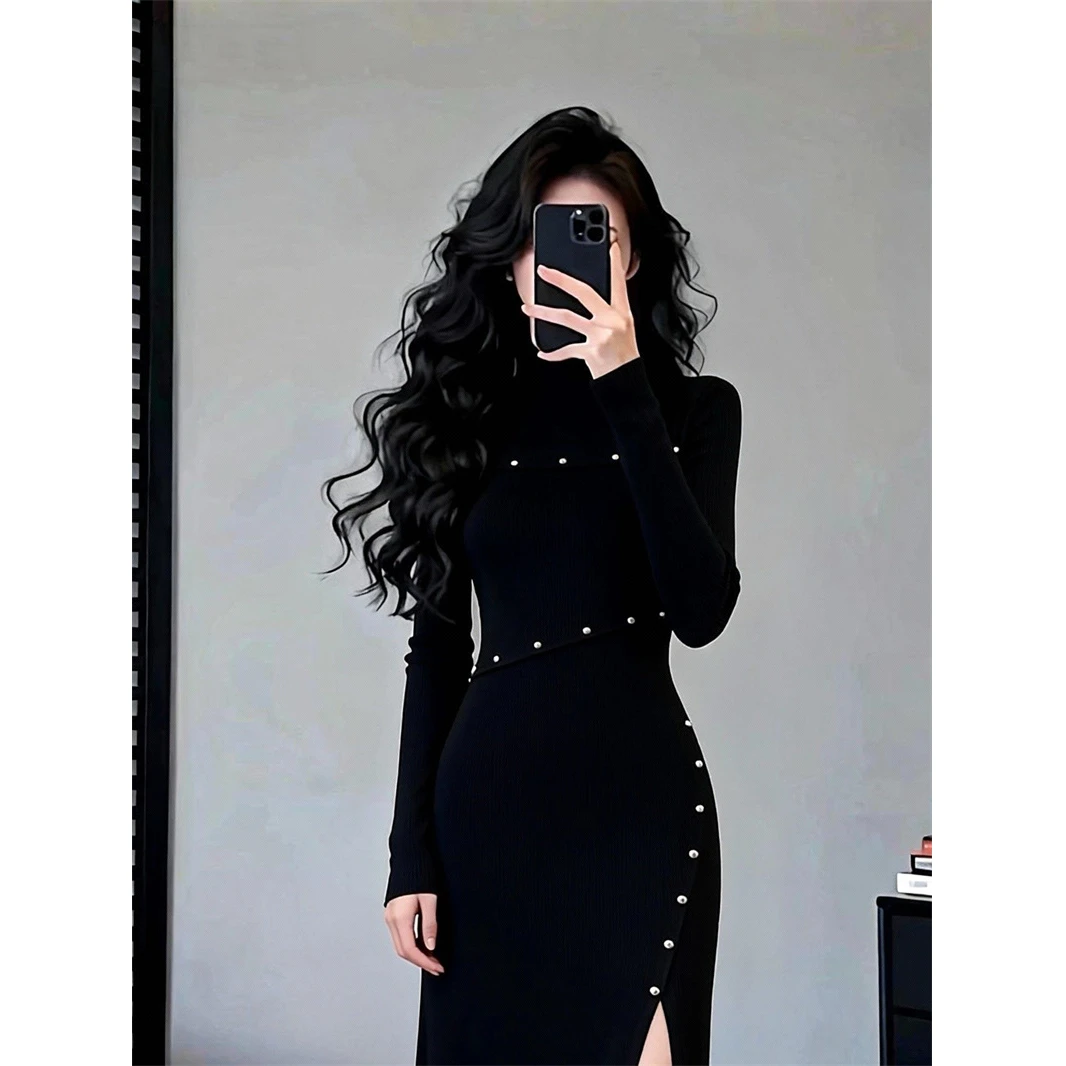 INS CEC冬季气质黑色连衣裙新款毛衣裙针织连衣裙设计感显瘦长裙