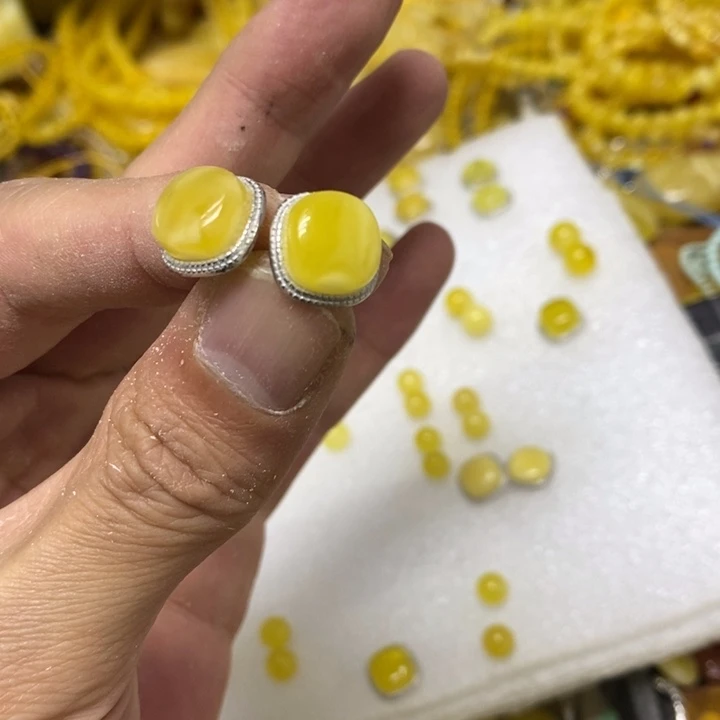 裸石蜜蜡银S925镶嵌耳钉