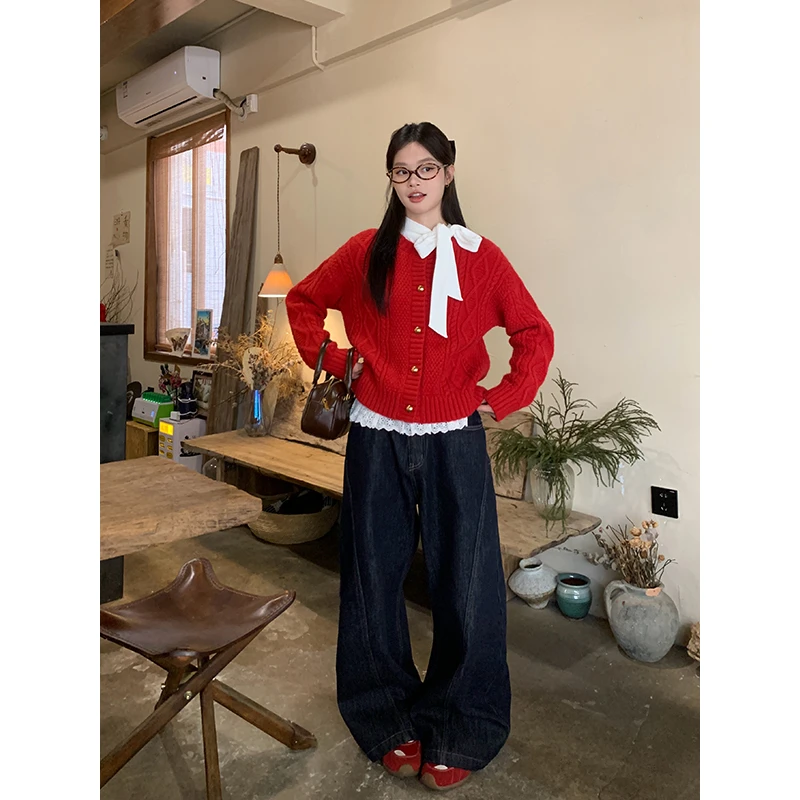 【运费补贴】宋正恩深蓝色牛仔裤女直筒高腰阔腿裤宽松拖地裤ST723