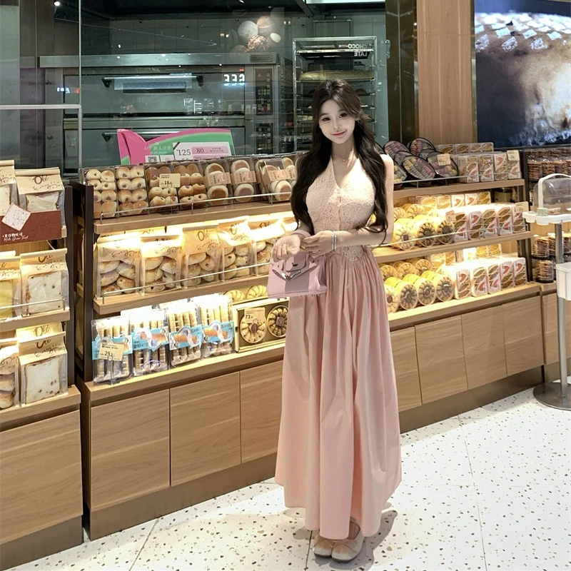 2025夏季新款纯欲性感时尚气质千金风连衣裙女蕾丝拼接法式长裙子