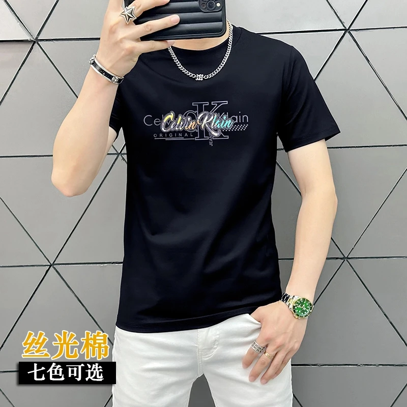 夏季新款薄款男士短袖黑色T恤修身圆领帅气冰丝上衣打底半袖ins体