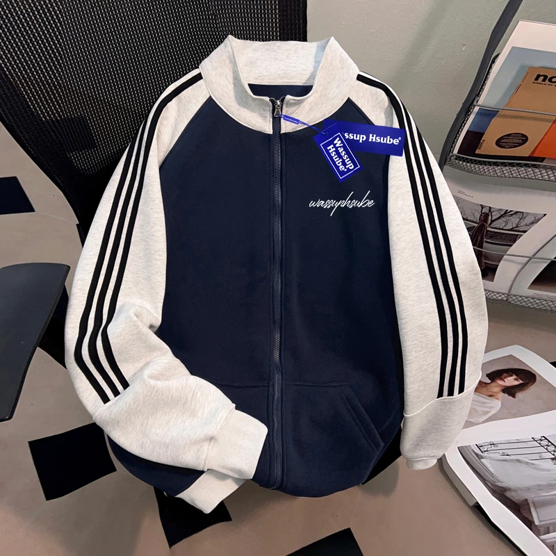 WASSUP HSUBE美式复古撞色潮牌开衫立领棒球卫衣外套慵懒宽松上衣