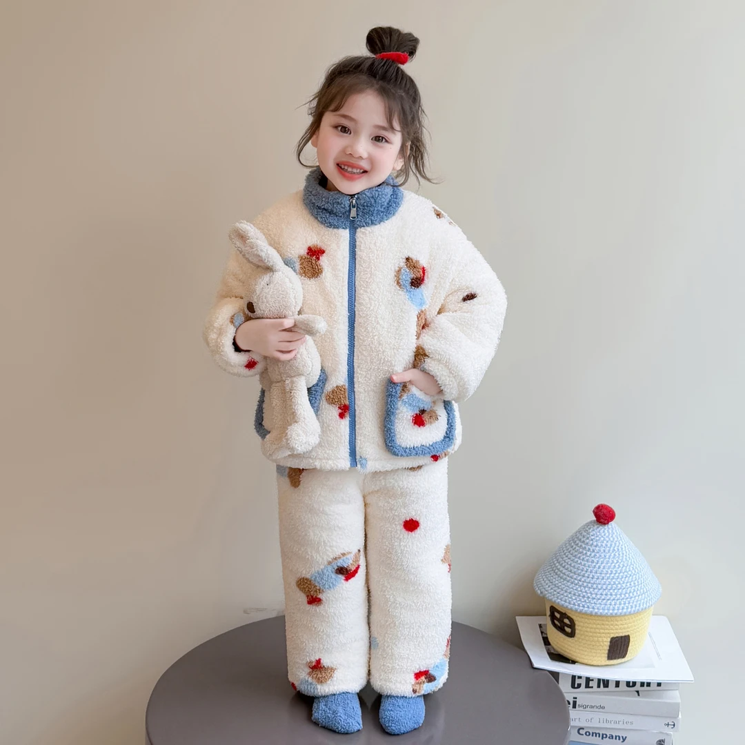 儿童睡衣三层加绒加厚套装女童珊瑚绒睡衣冬保暖卡通家居服