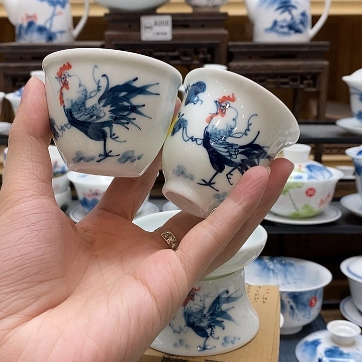 手绘公鸡主人杯2个装不同款釉下彩微瑕福利款