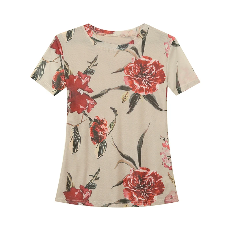 复古花朵印花网纱短袖t恤女新款圆领修身显瘦半袖上衣潮6958/AS