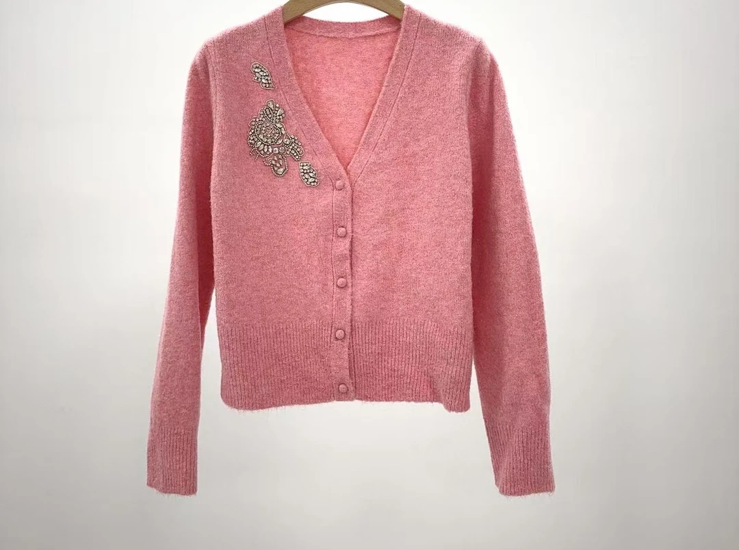 南油25精品ER新款重工水晶饰手工钉钻优雅高级感羊毛V领针织开衫