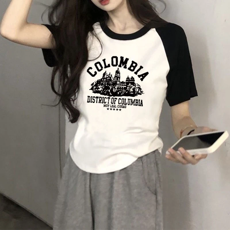 撞色短袖t恤女夏季新款洋气设计感小众棉修身半袖24250