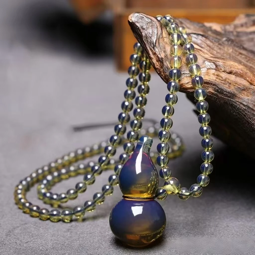 紫光变色蓝珀葫芦吊坠毛衣链琥珀项链