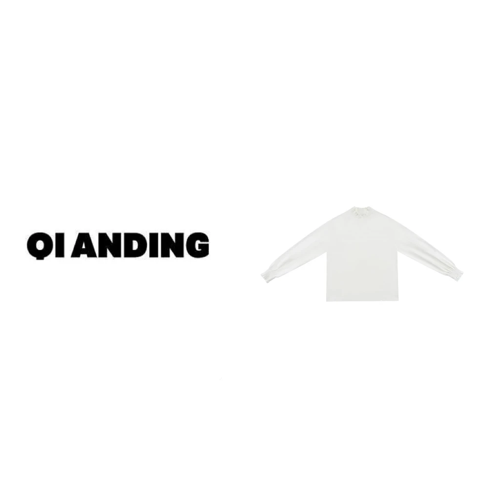 【QIANDING】2025新款“午后庄园”木耳边立领设计纯色长袖T恤2516