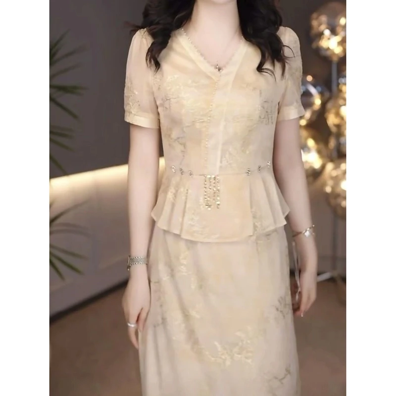 高档冰晶丝礼服裙2025夏季新款时尚贵气显瘦遮肚优雅假两件连衣裙