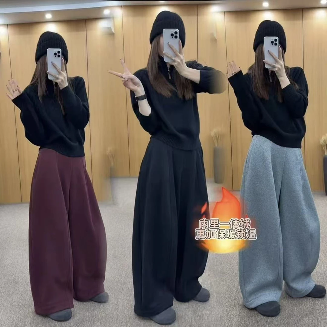 2025欧货新款加厚加绒松紧腰宽松女冬季无廓形弯刀阔腿气球裤女