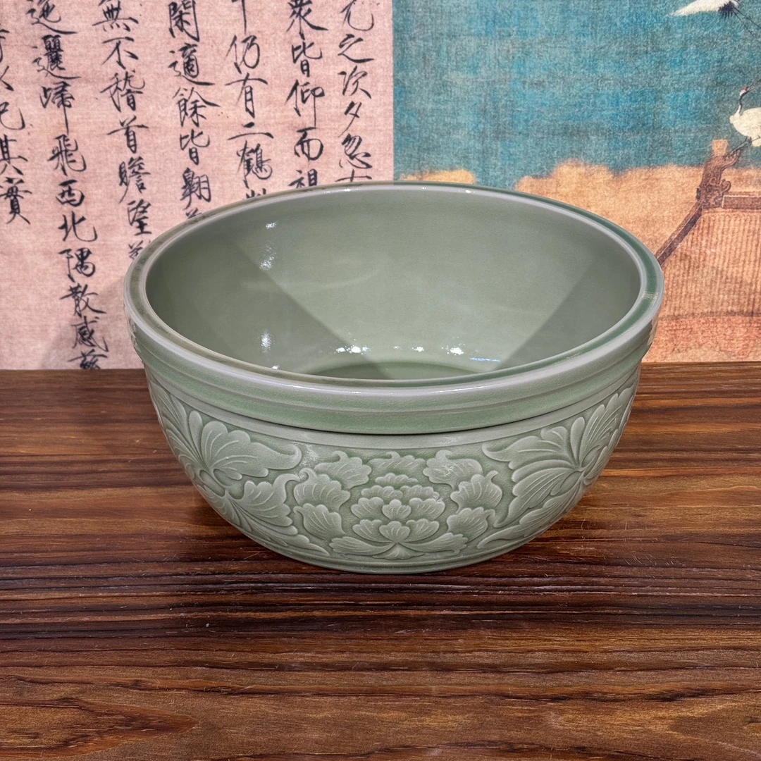 【长安知己】耀州窑原矿高温青瓷中式家用简约缠枝牡丹纹陶瓷和面盆