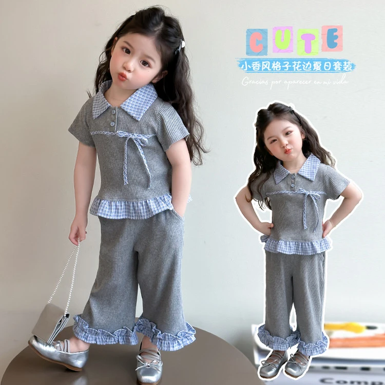 女童套装夏装2025新款女宝宝小香风花边阔腿裤儿童时尚短袖两件套