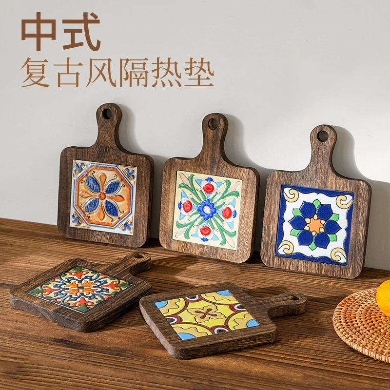 隔热垫陶瓷耐高温复古实木花砖把手垫中式好物感餐桌防烫砂锅好用