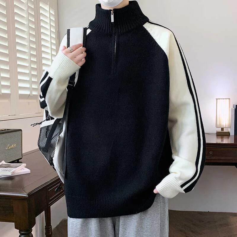 半高领拉链立领毛衣男秋冬季新款加绒加厚学生毛线衣青少年针织衫