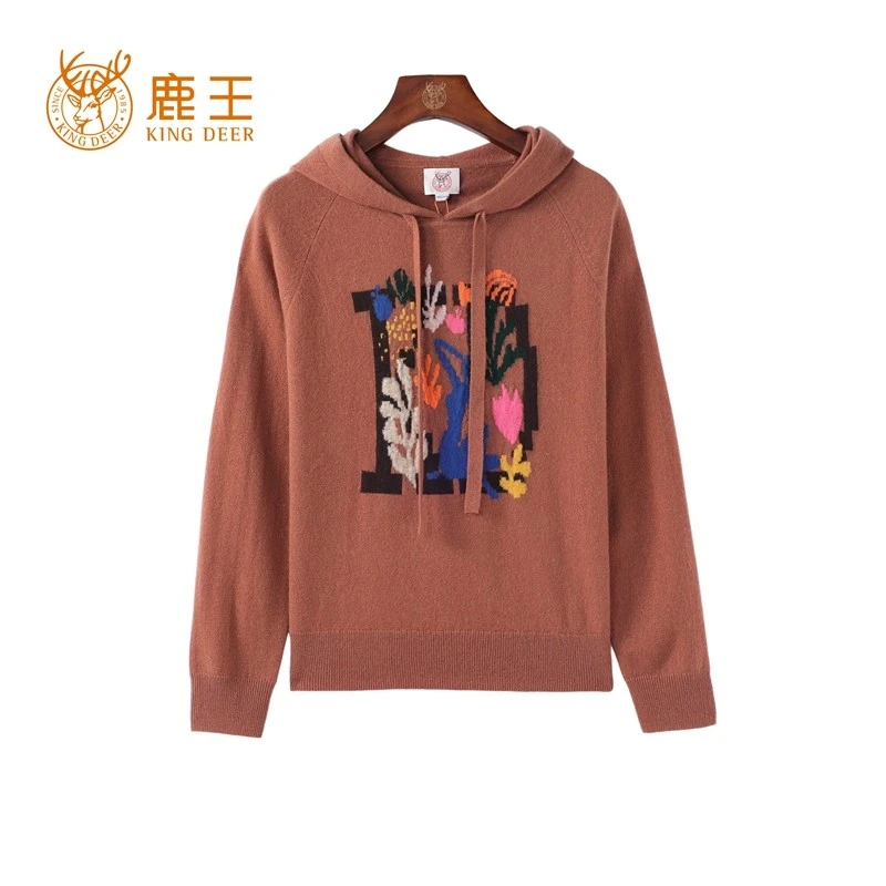 【商场同款】鹿王24新款女连帽100山羊绒提花休闲套衫 912419078