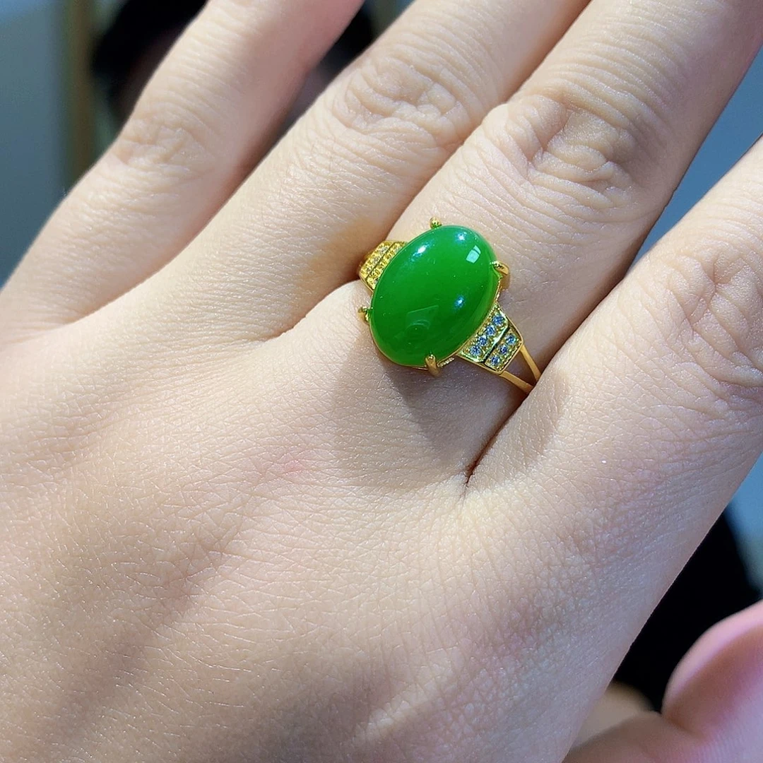 和田玉（碧玉）戒指银S925镀金镶嵌