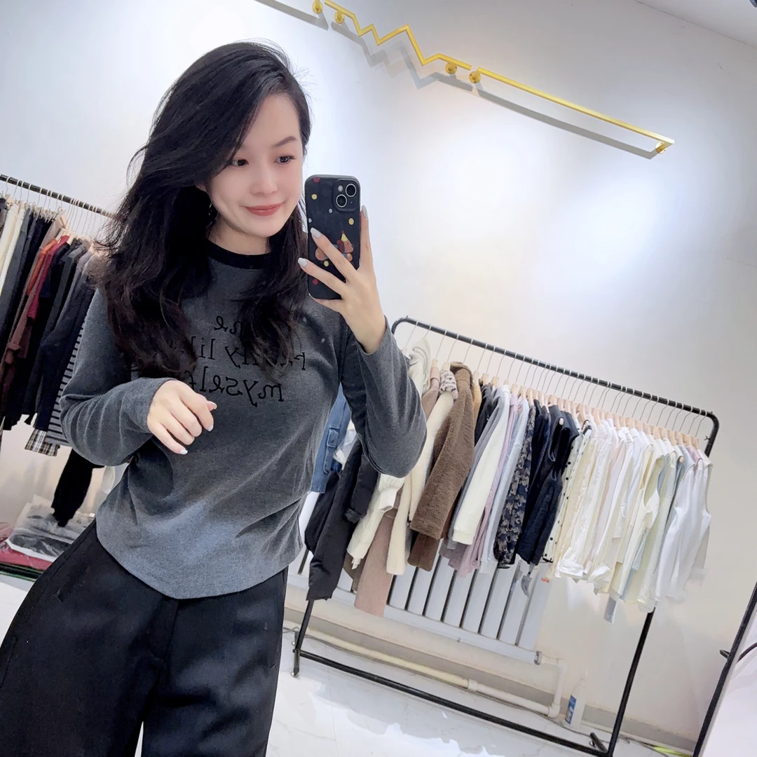 磨毛首选女2025秋冬字母印花收腰撞色打底加厚上衣长袖T恤