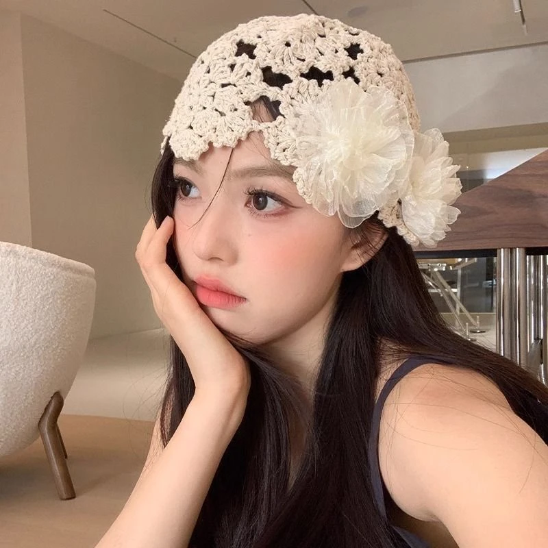 甜美百搭镂空花朵针织帽子女夏季薄款手工钩针编织显脸小套头帽qy