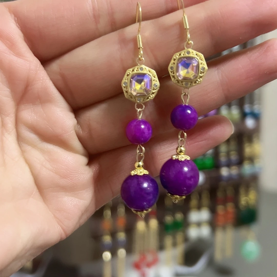 银S925镶嵌耳钉玛瑙/玉髓紫色