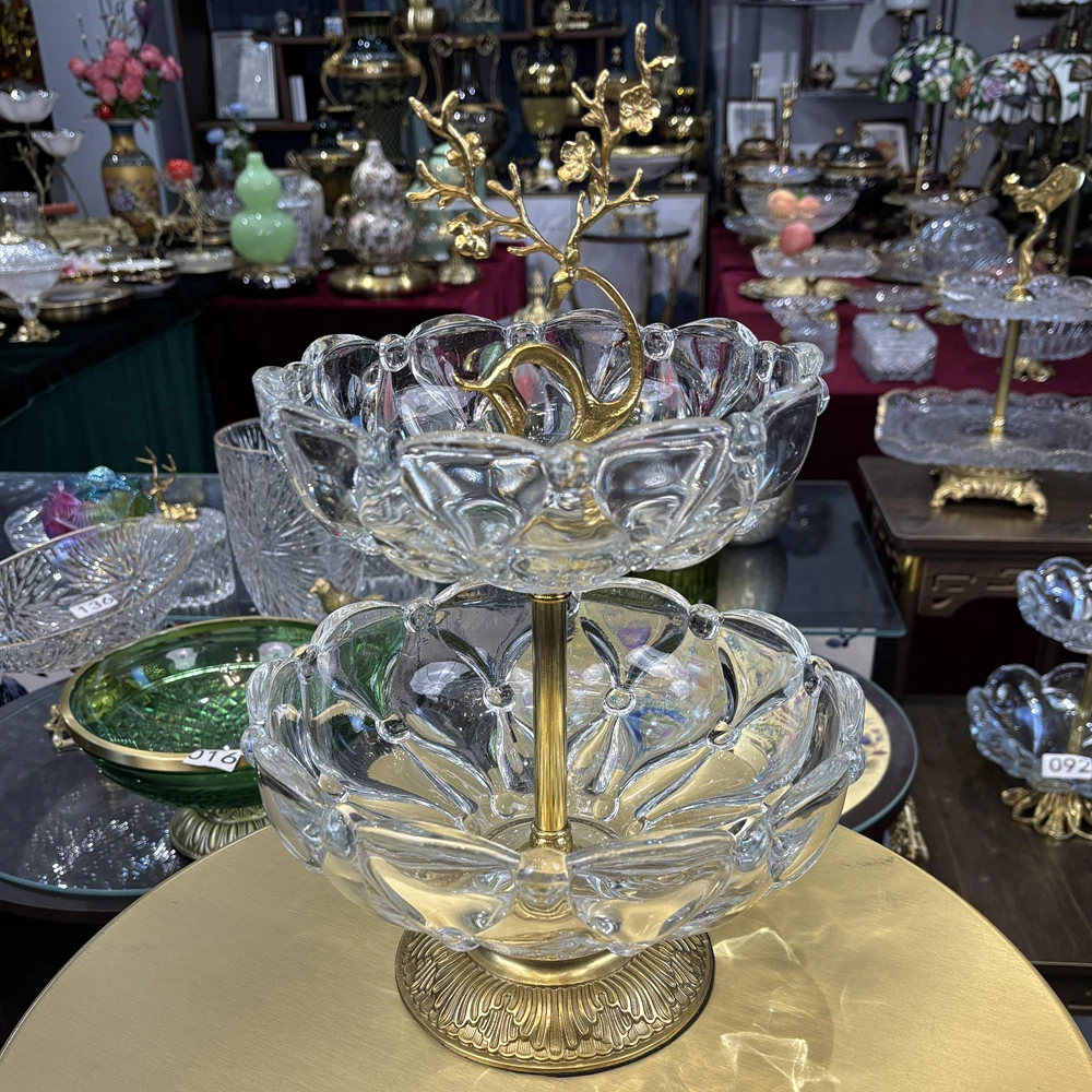 脱蜡黄铜梅花鹿双层法式白水晶玻璃黄铜水果托盘