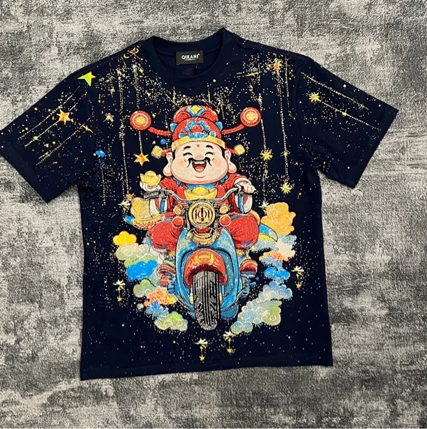 骁洋 888满钻星空财神图案秋冬加厚半袖新款满钻星空轻奢潮牌欧货