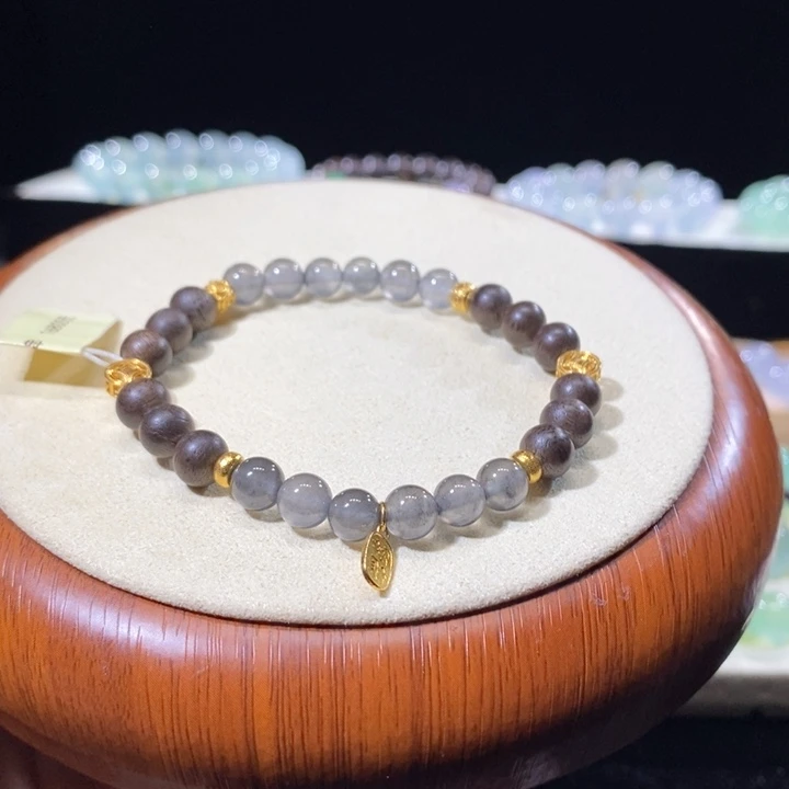 翡翠18K金镶嵌吊坠(不含链)翡翠黑杠手串卡6+