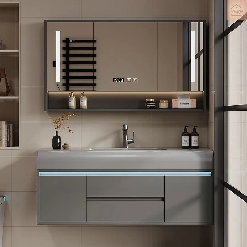 轻奢现代肤感一体盆浴室柜简约卫生间家用洗漱台洗手池洗脸盆组合