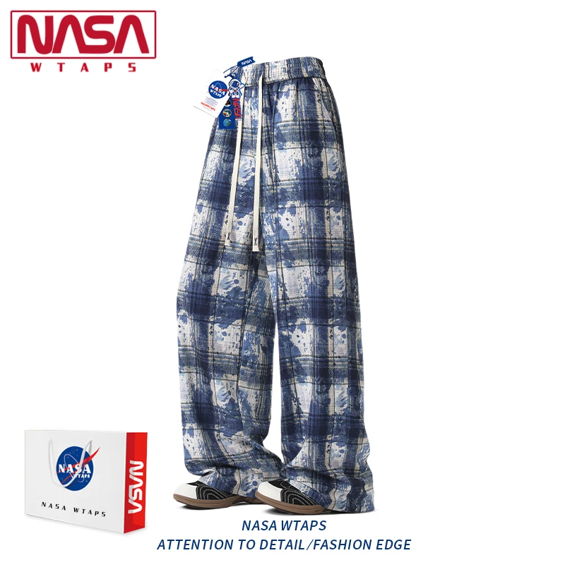 NASA WTAPS格子休闲裤男士夏季新款复古美式扎染宽松直筒阔腿裤男