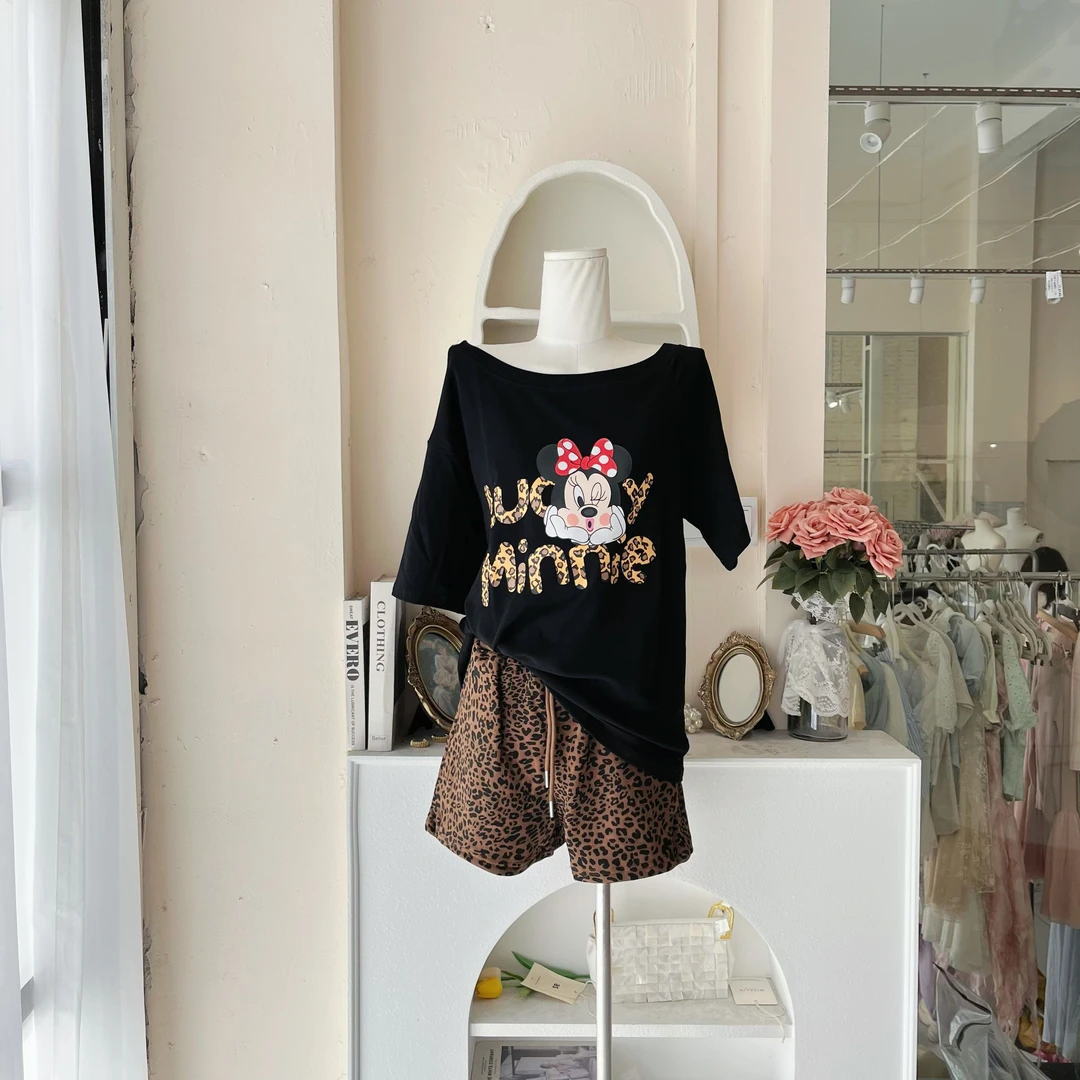 LHTE青青大码女装 夏款休闲豹纹卡通印花T恤 豹纹裤套装T0624