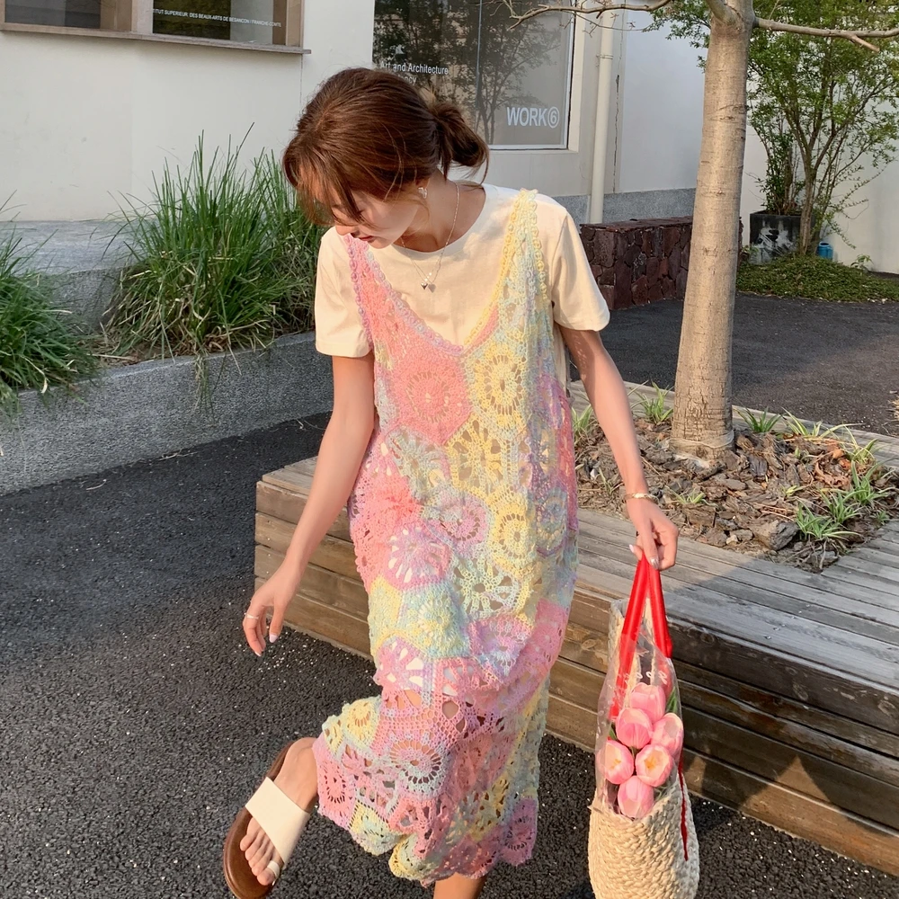 多巴胺叠穿绿色镂空罩衫连衣裙女夏独特绝美遮肚显瘦长裙两件套装