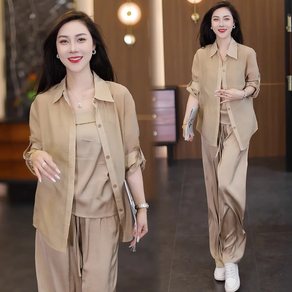 时尚套装女2025夏季新款洋气宽松显瘦衬衫吊带垂感阔腿裤三件套潮
