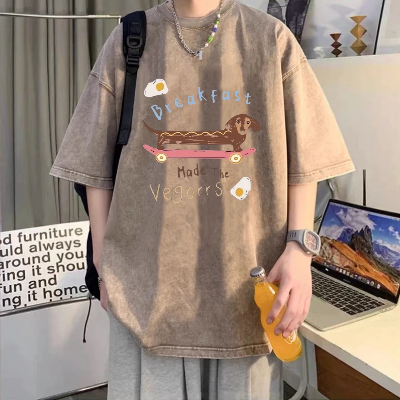 美式复古水洗短袖t恤男夏季2025新款重磅痞帅印花宽松半袖打底衫