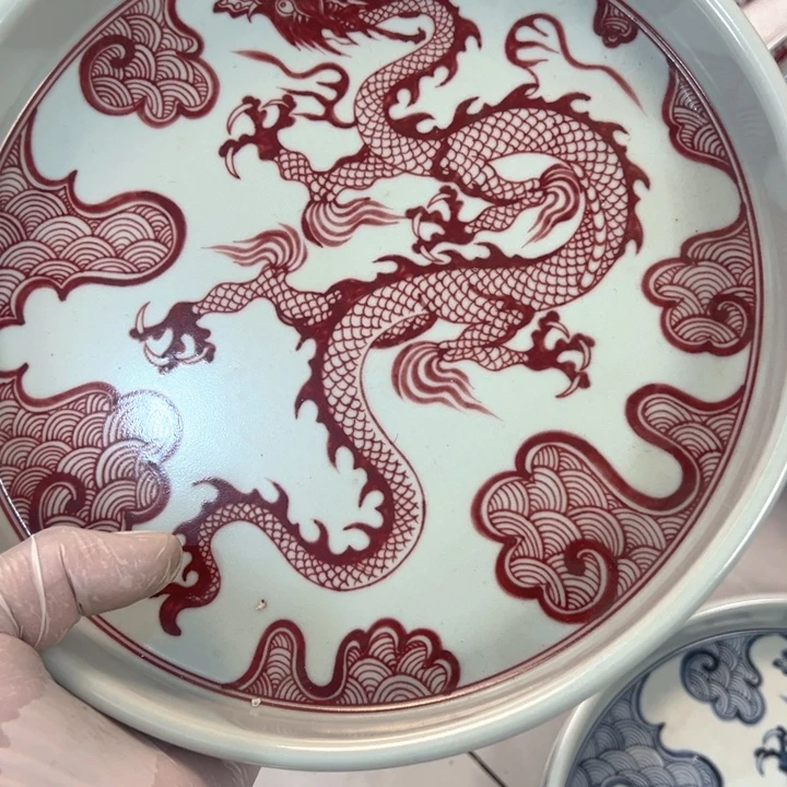 陶摆件釉里红穿云龙大茶盘