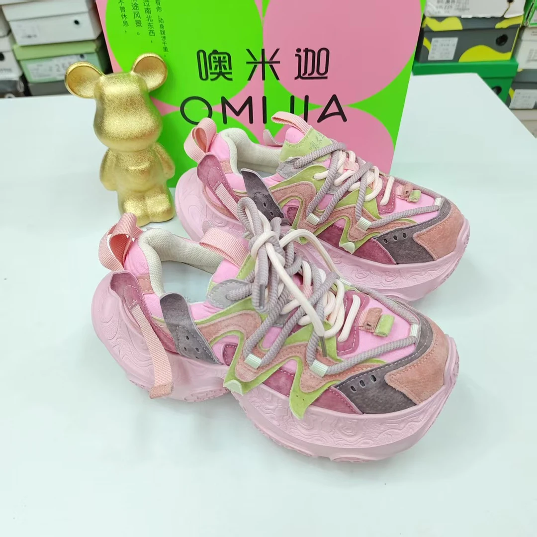 噢米迦老爹鞋女拼色系带厚底松糕增高轮胎底休闲鞋9102