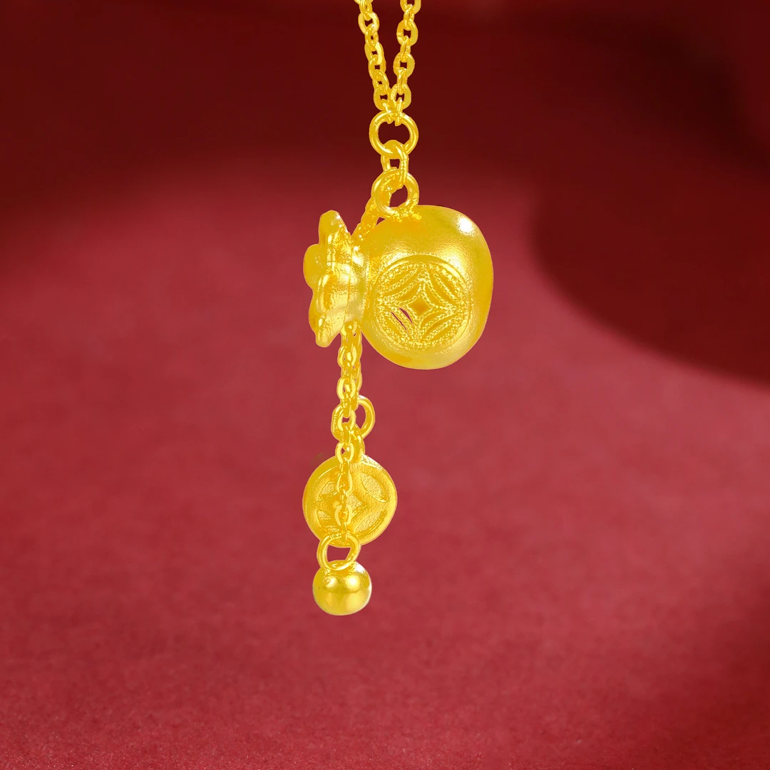 周金生黄金福袋铜钱币套链纯金项链足金999生日纪念日礼物送女友