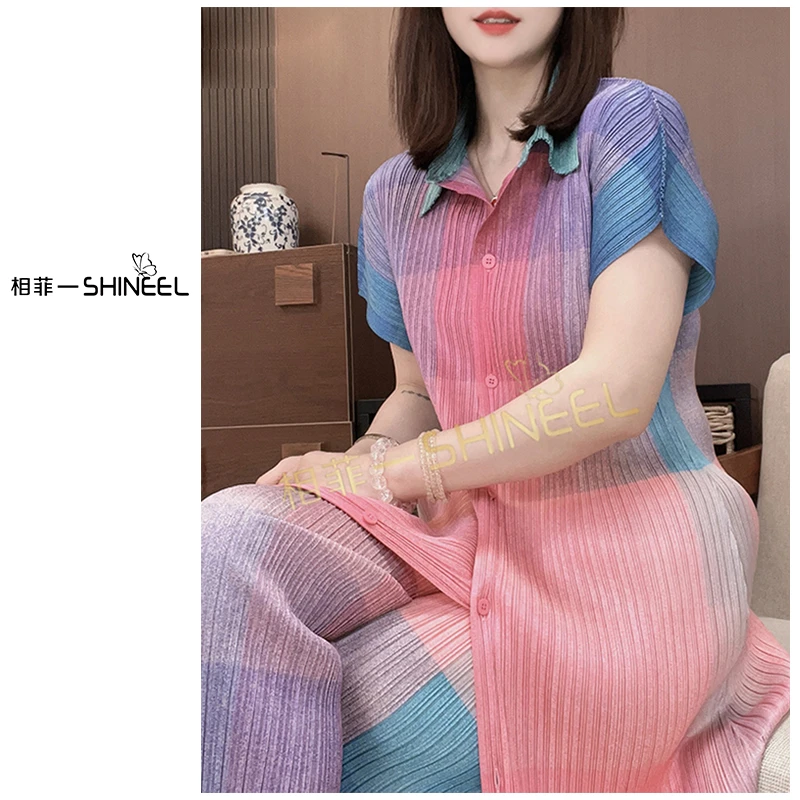 相菲原创一夏季翻领显瘦时尚休闲夏季减龄宽松气质拼色衬衫裙