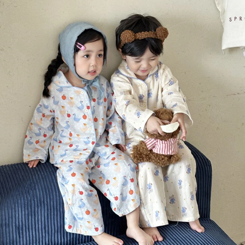 儿童婴纱睡衣春秋季可爱家居服新款男女宝宝长袖纯棉双层纱布套装