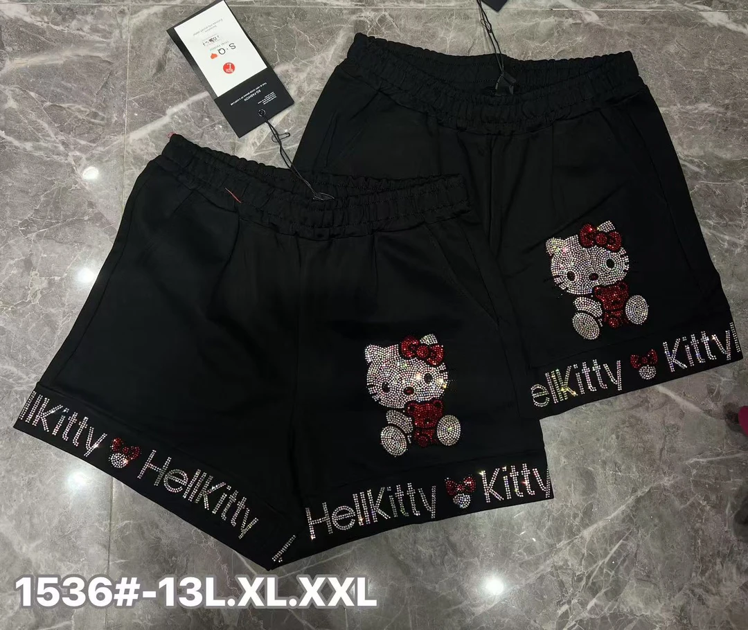 2025春夏新款宽松大版重工烫钻kt猫高弹力厚款短裤裤子